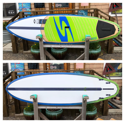 Jeff Clark "Claw" by Surftech. 
9'6"x30.5"x4.5" / 150L
9'x30"x4.5" / 139L
8'6"x29.3"x4.5" / 128L
Fusion V-Tech construction. This is Surftech's newest collaboartion with legendary pioneer Jeff Clark. Jeff's answer to high-performance paddle surfing, With a pulled in nose transitioning to chimes rails allows the board to easily get on edge. It features a 4 + 1 fin system for maximum versatility in all conditions. This board comes in 3 sizes as shown above.